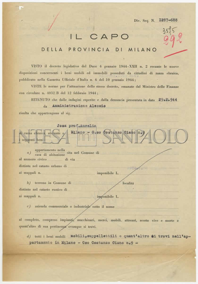 Decreto di confisca dei beni di Aurelia Josz da parte del capo della provincia di Milano, 10 luglio 1944